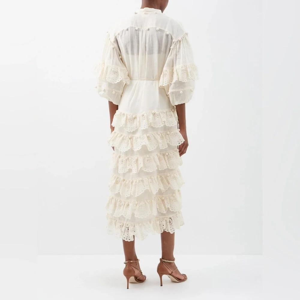 Zimmermann Cream Ruffled Tiered Sundress with Bishop Sleeves - Picture 4 of 12